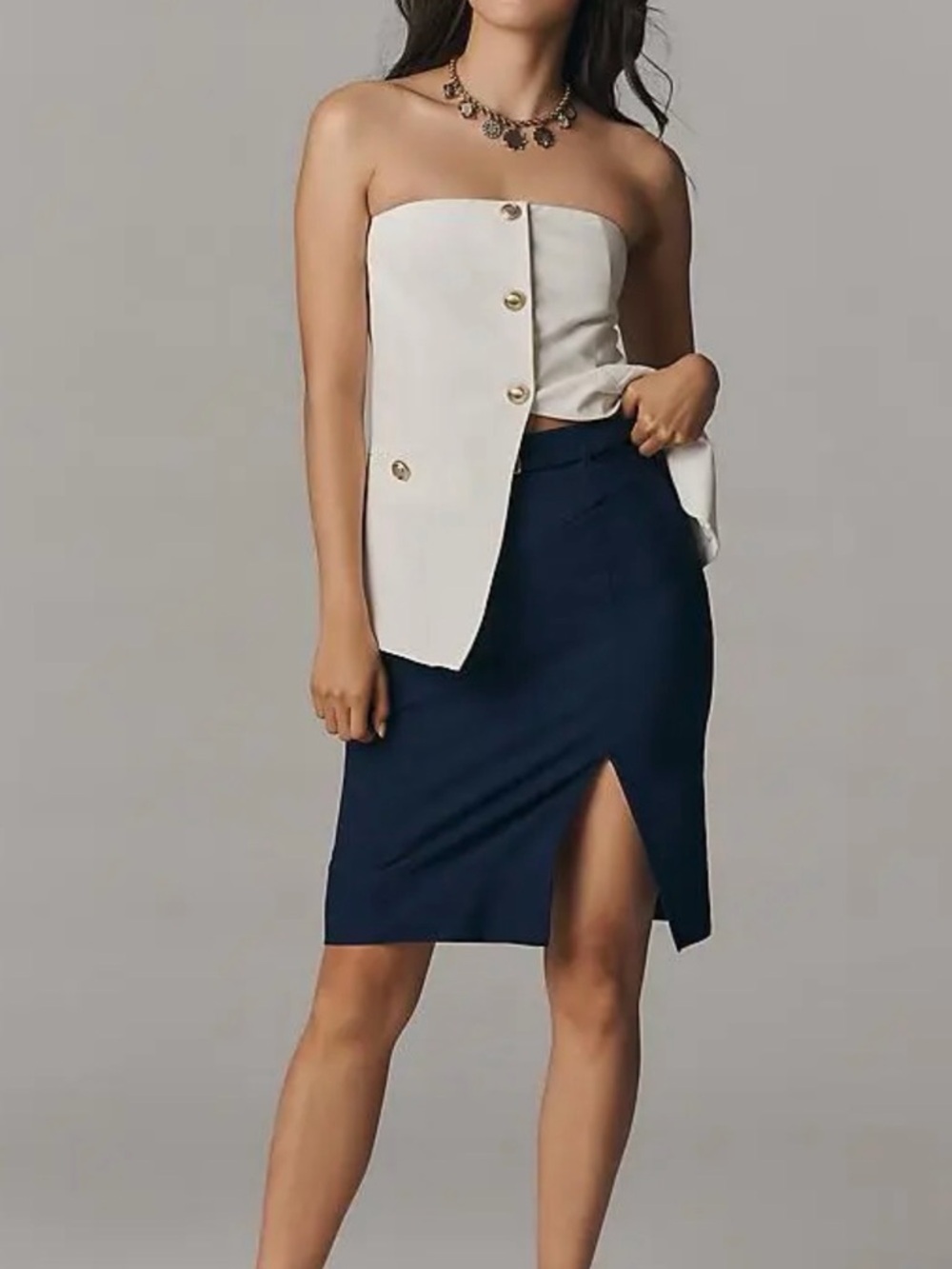 Anthropologie Navy Pencil Skirt Belted Slit Midi Knee Length NWT Size M